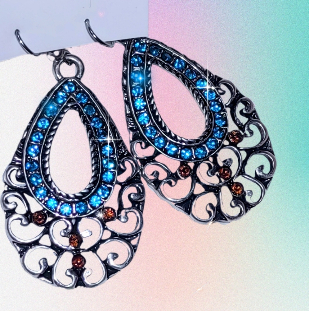 Teal Blue & Brown Crystal Silver Fleur-De-lis Earrings